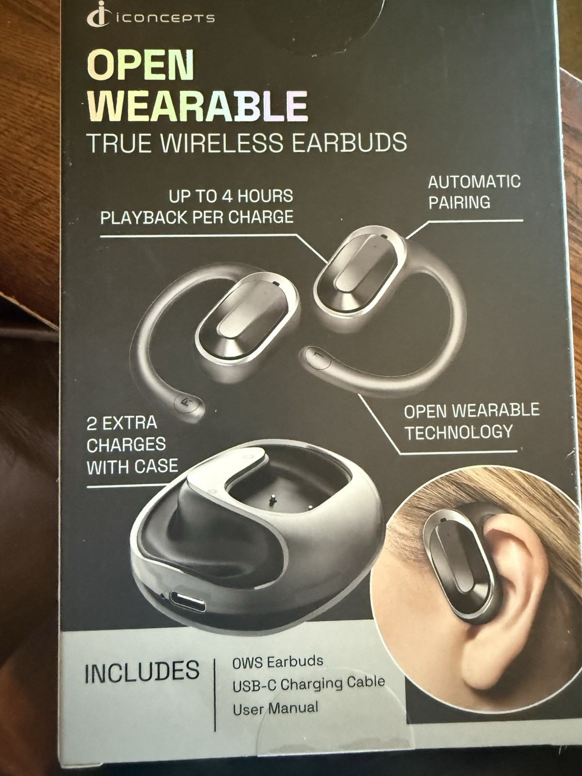 iConcepts Open Wearable True Wireless Bluetooth Ear-Hook Earbuds Black/Gray Kit
