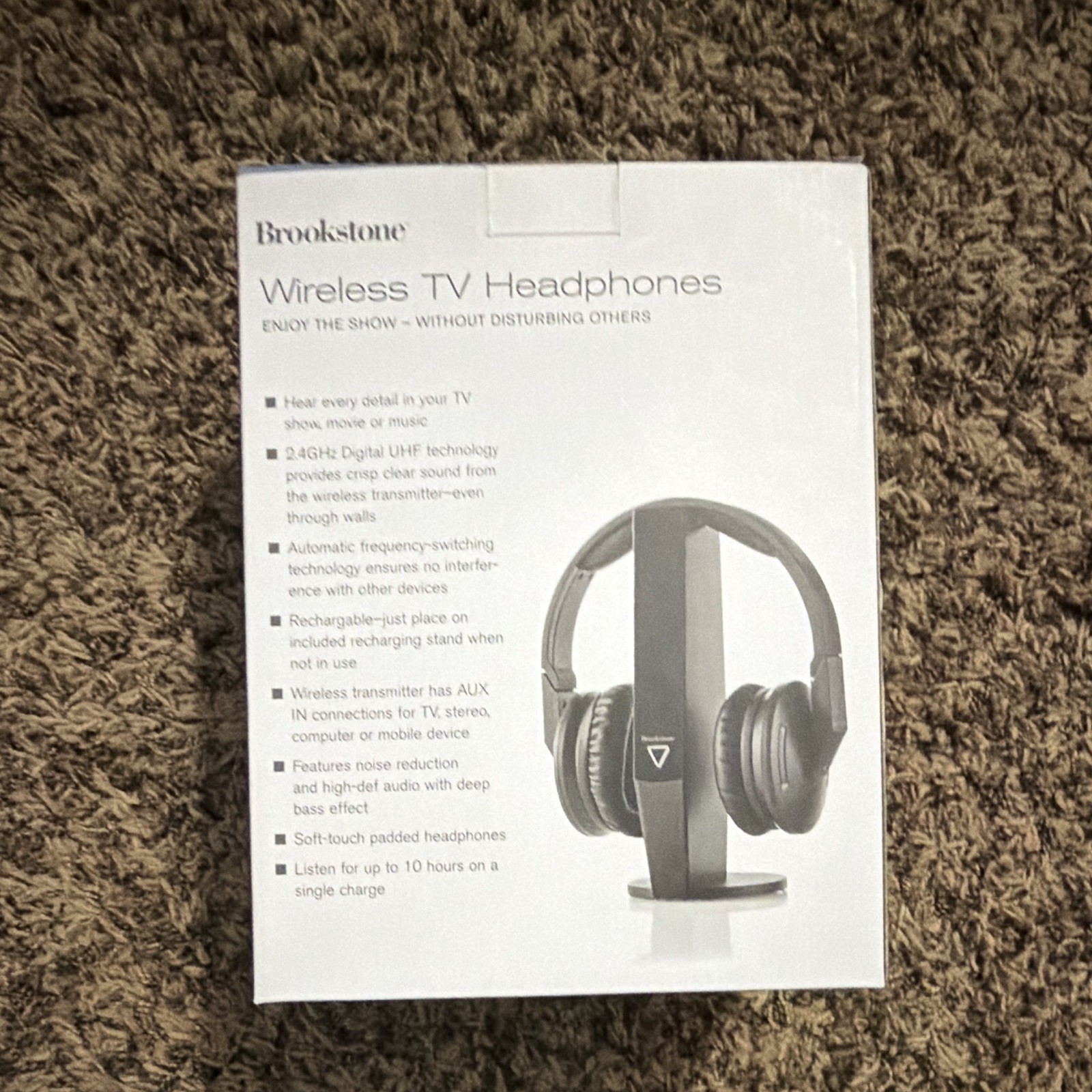 Brookstone Wireless TV Headphones RF 2.4GHz UHF Rechargeable Stand Black