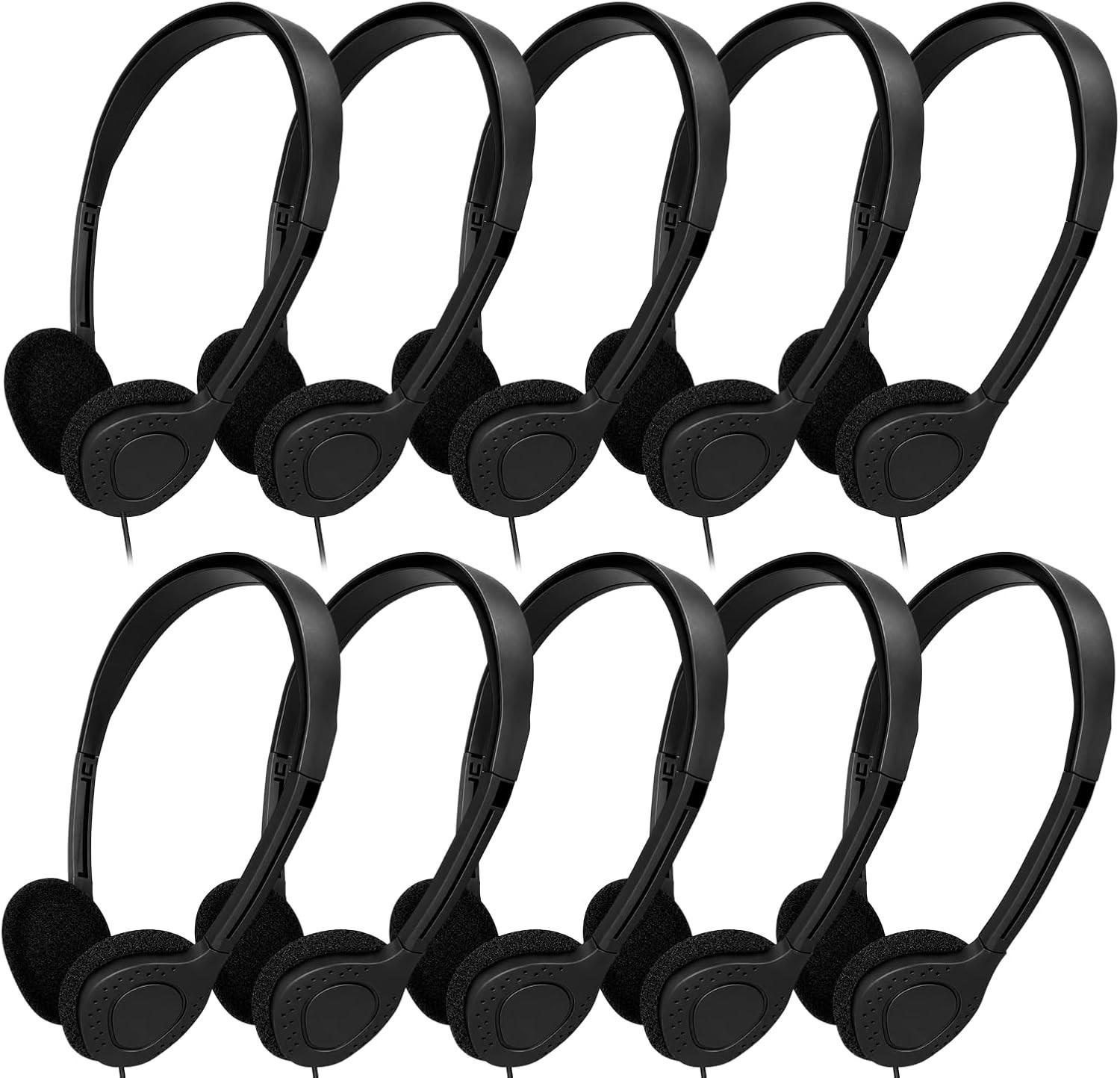 Lightweight Black Classroom Headphones – 10 Pack, Ideal for Libraries & Offices