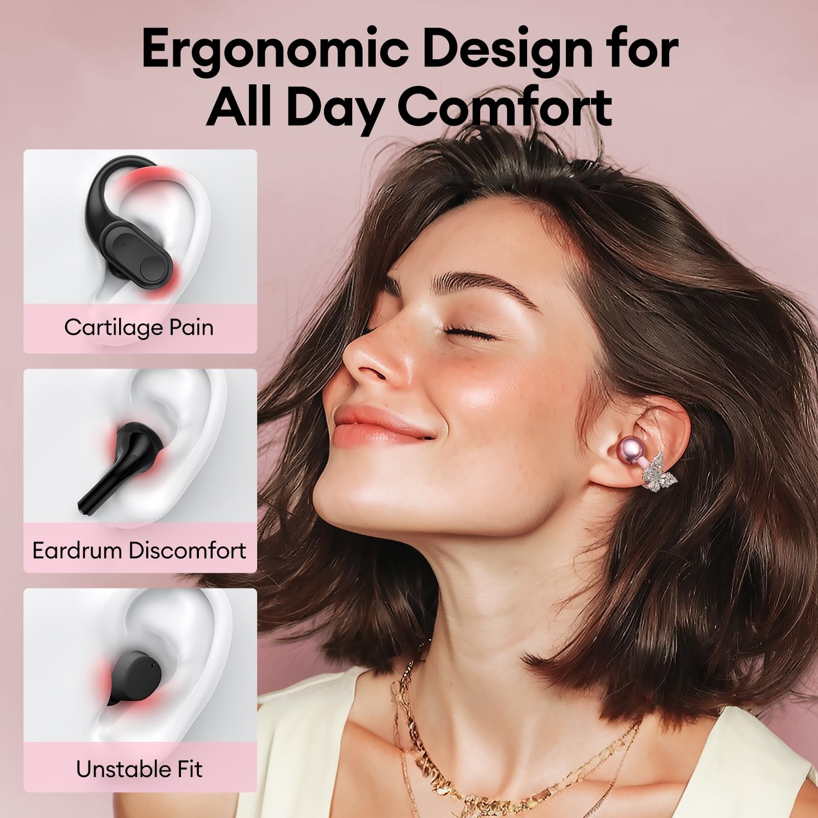 PAXA Stylish Open Ear Clip On Earbuds with Removable Butterfly Earring, Clip …