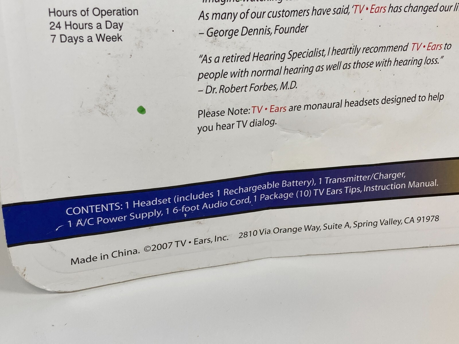 TV Ears Noise Reduction TV Headset Yellow Card Wireless 2.3 Mhz Infrared 195970