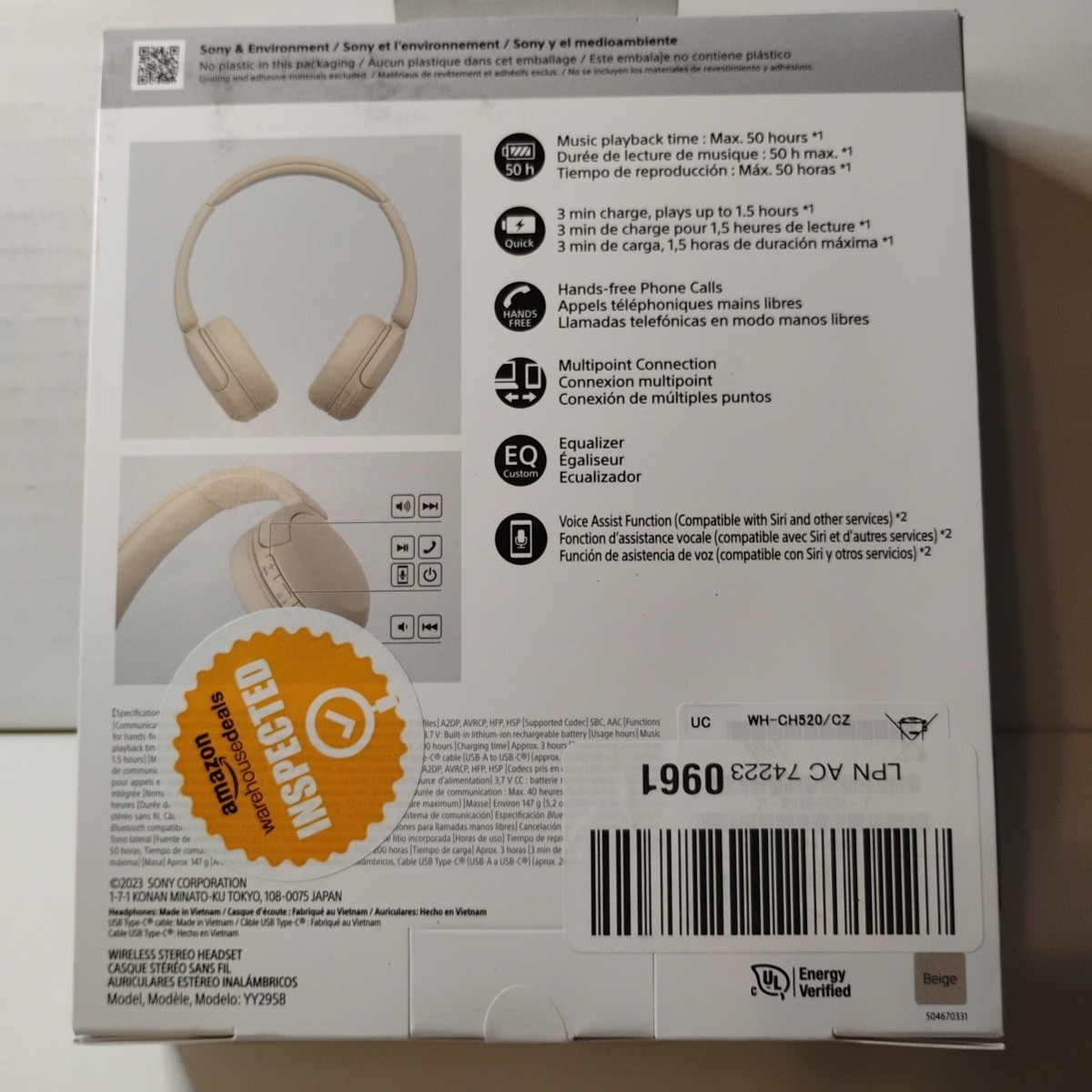 Sony WH-CH520 Wireless Bluetooth On-Ear Headphones Beige
