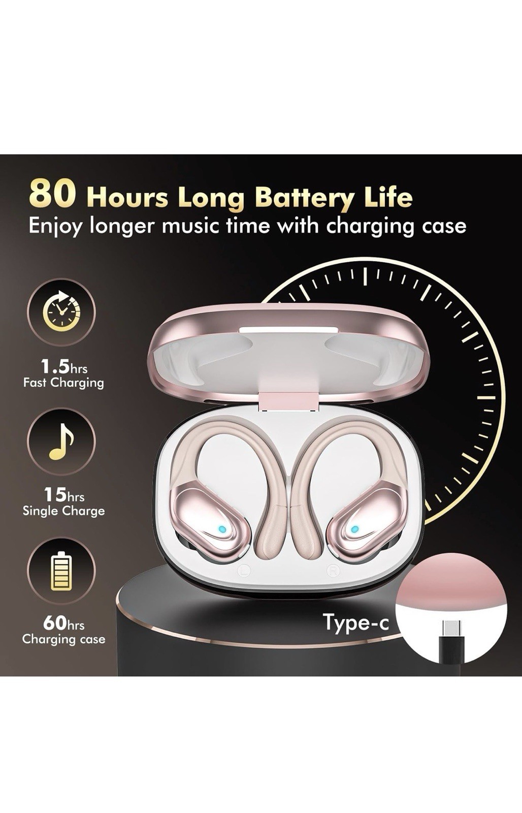 BX17 Pink Ear-hook Bluetooth 5.3 Sports Earbuds, LED Display, Water-Resistant