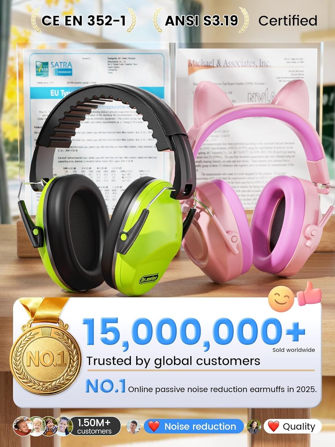 27.4dB Noise Cancelling Earmuffs for Kids & Adults – EM100 Adjustable Protection