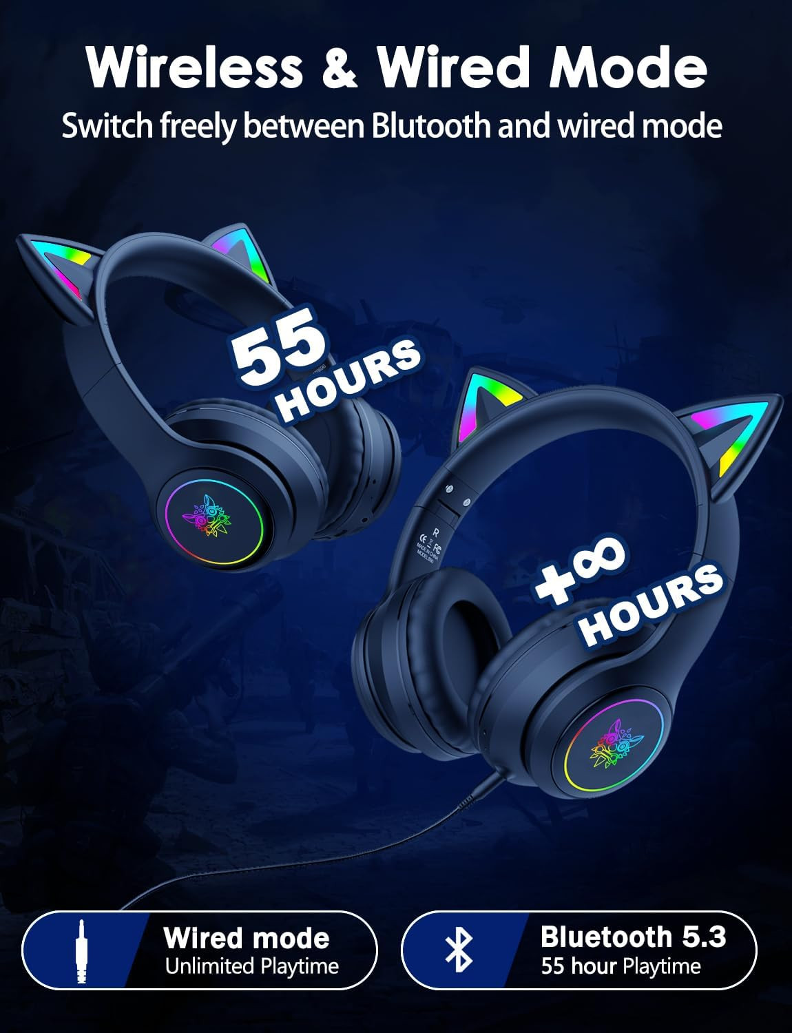 Cat Ear Bluetooth Headphones for Kids & Adults, 55H Play Time, Wireless