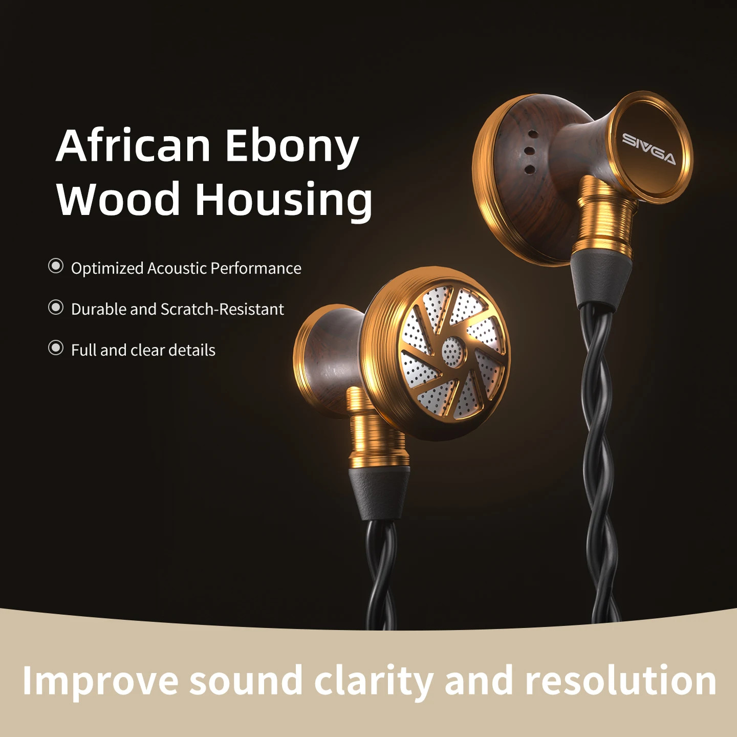 SIVGA M300 HiFi Wired Earbuds 15.4mm Dynamic Driver Ebony Wood In-Ear Headphones