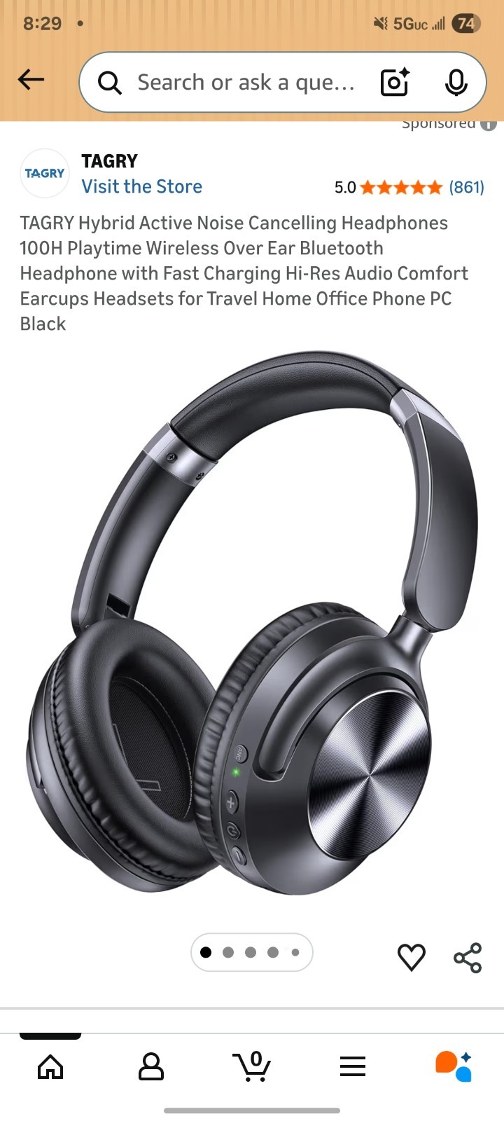 TAGRY H08 Active Noise Cancelling Headphones Over Ear Bluetooth – Black