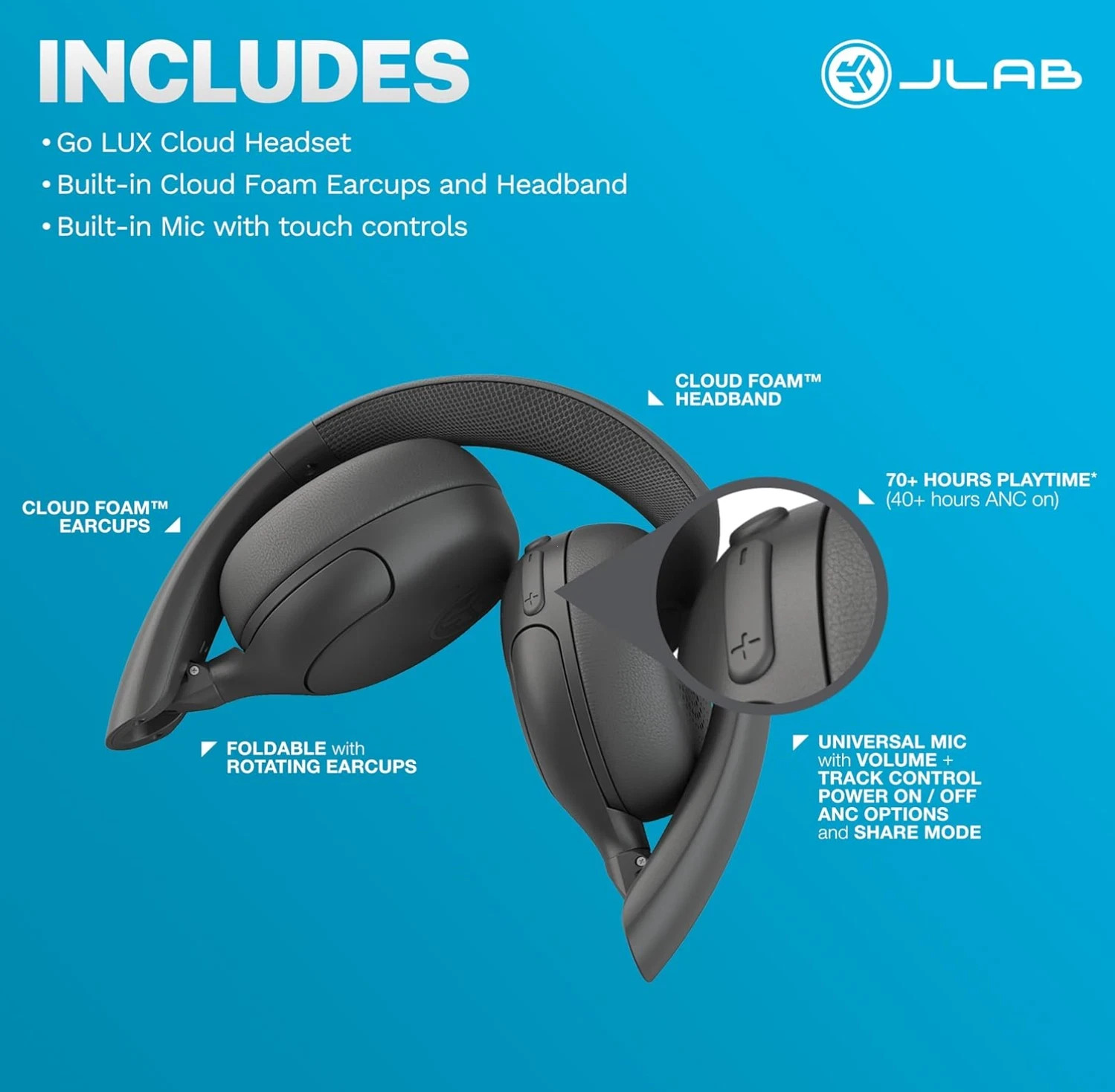 JLab Go Lux ANC Wireless Headphones Hybrid ANC Premium On-Ear Headset Graphite