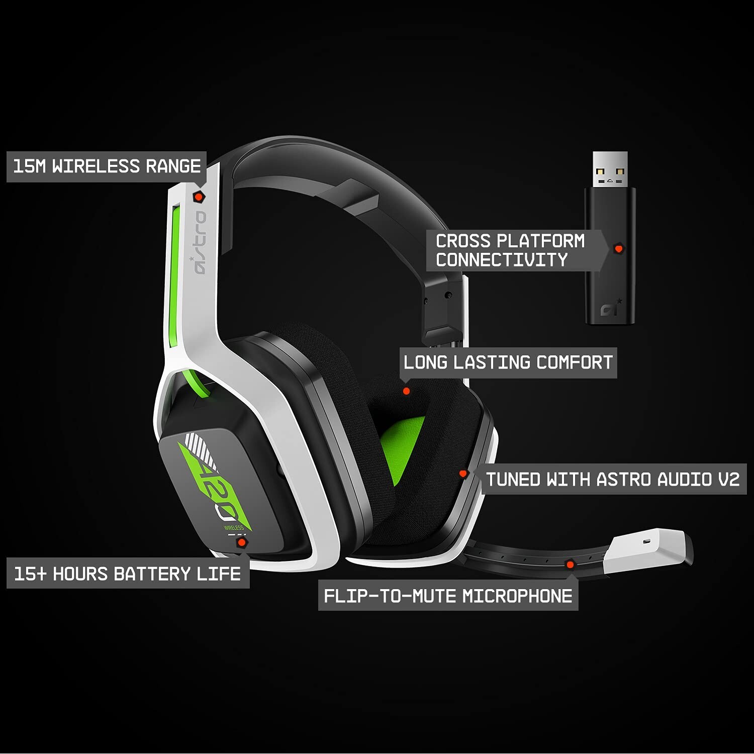 Astro Gaming A20 Gen 2 Wireless Gaming Headset – Xbox One, X|S, PC (White/Green)