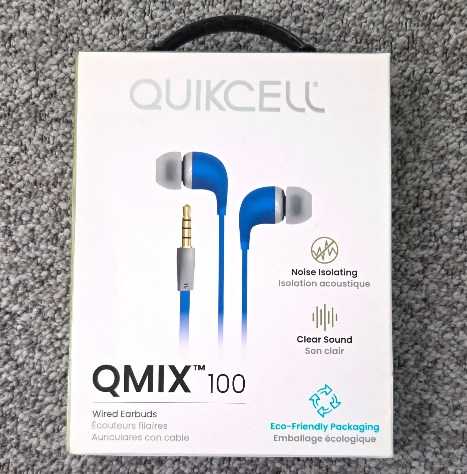 Quikcell QMIX 100 In-Ear Earbuds Blue/Gray 3.5mm w/ Mic Remote, 3.5ft Cord