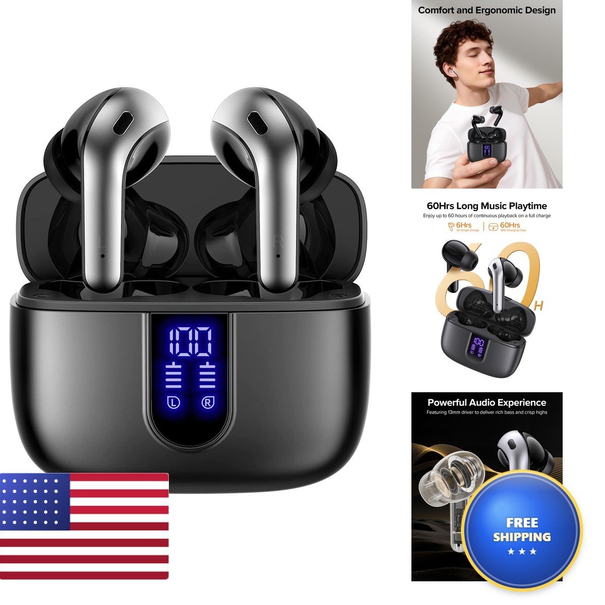 Tagry Bluetooth Headphones True Wireless 60H Playback Led Power Display