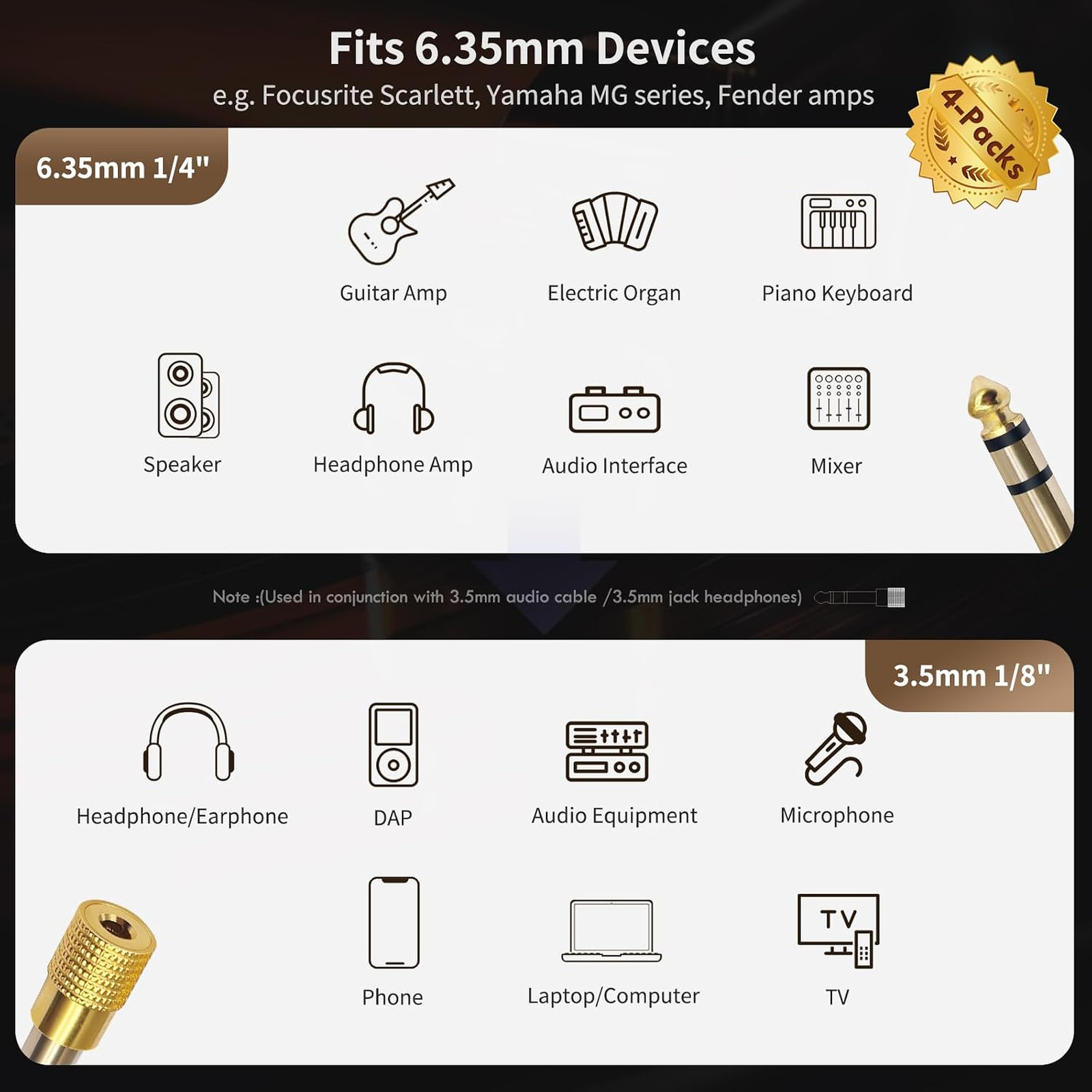 6.35mm to 3.5mm Stereo Adapter, 1/4 to 1/8 Audio, 4 Pack | Bulk pack of 1/4 male