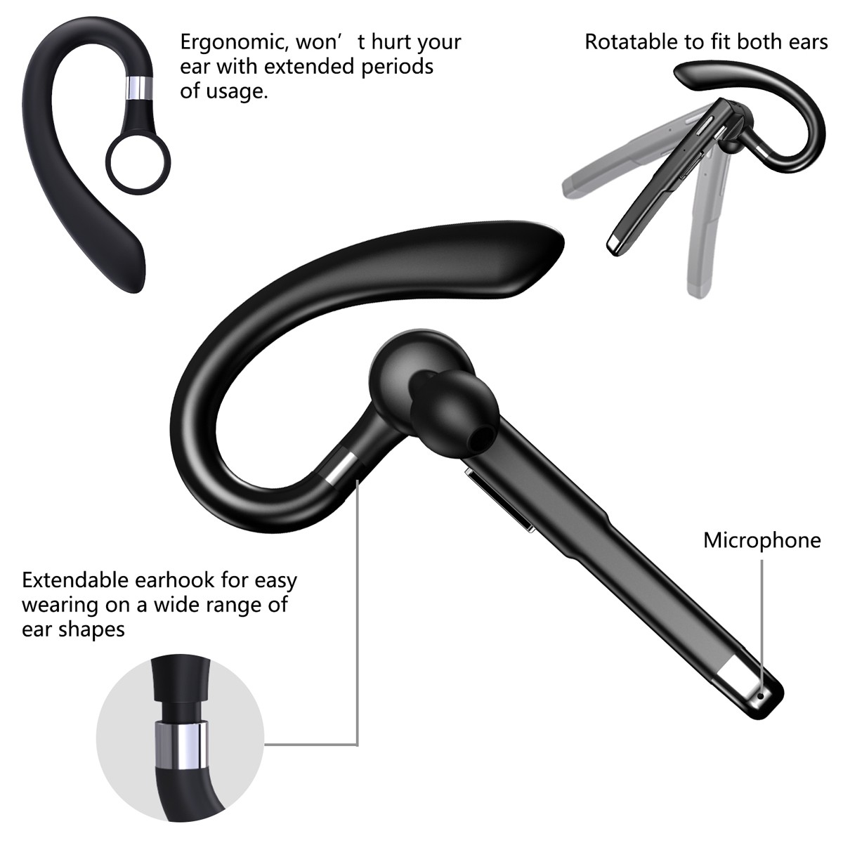 Wireless Bluetooth Earpiece V5.0 Handsfree Headset Driving Trucker w/ Microphone