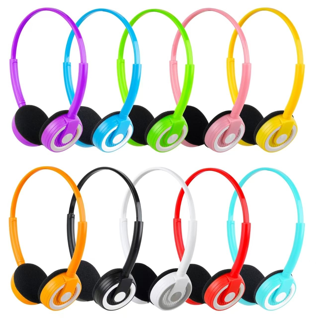 10-Pack Kids’ Headphones for Classroom Bulk Set with 3.5mm Jack Mixed Colors