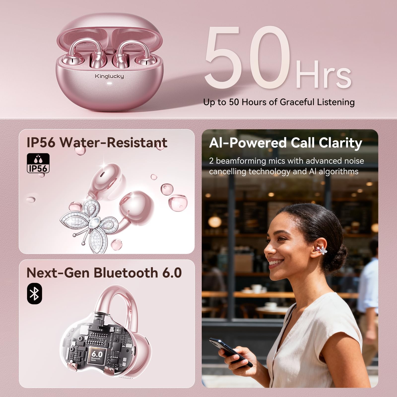 ClipFree Open-Ear Headphones with Butterfly Earrings, Ultra-Comfort & Snug Fi…