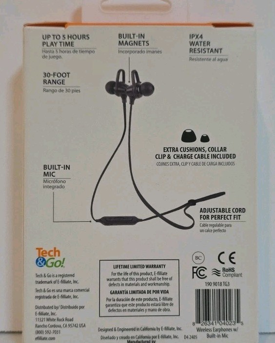 NIB Tech & Go wireless headphones W/built in Mic Up To 5 Hours Of Play