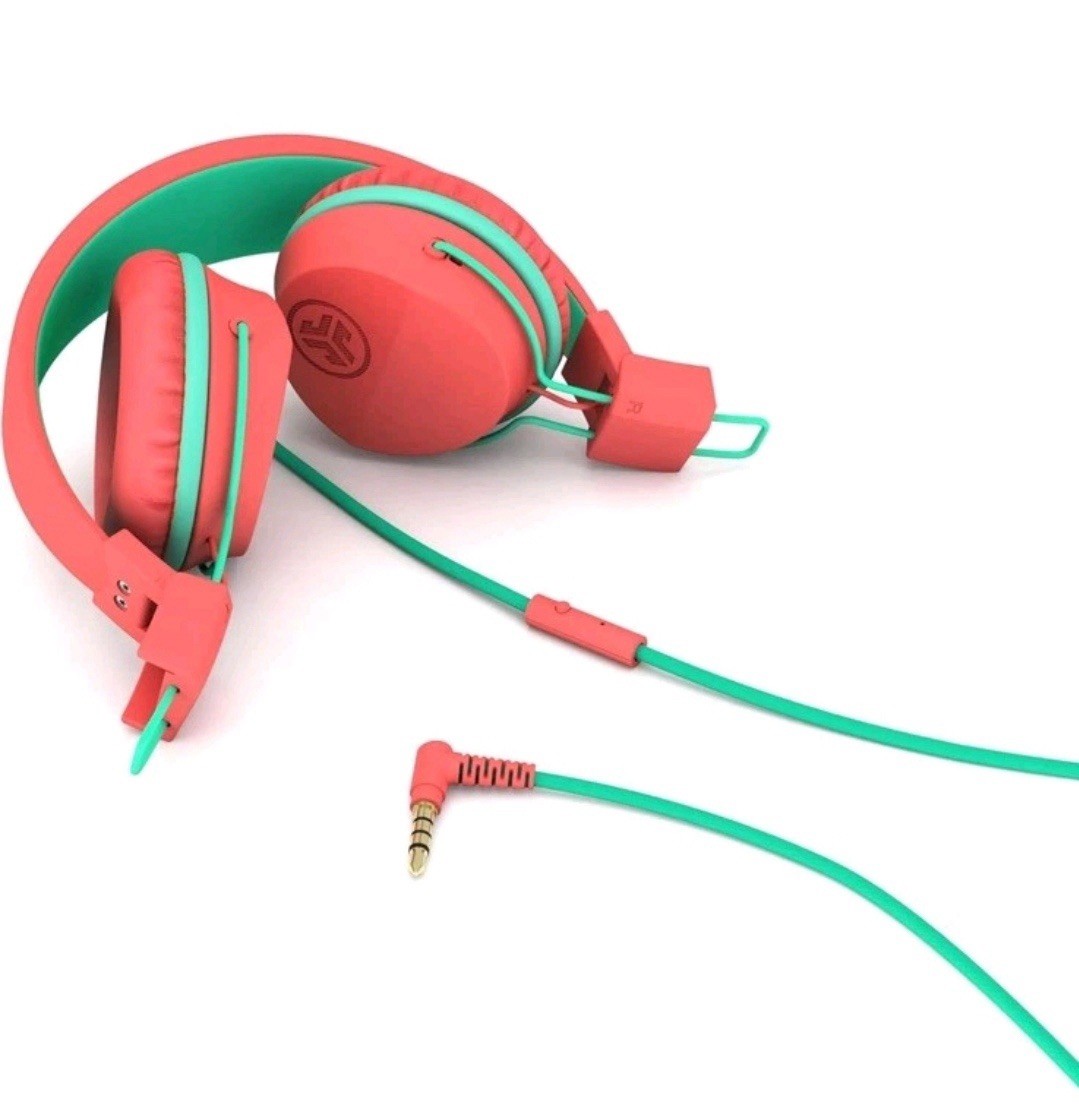 JLab JBuddies Studio Pink Green Foldable Wired Headband Headphones 3.5mm