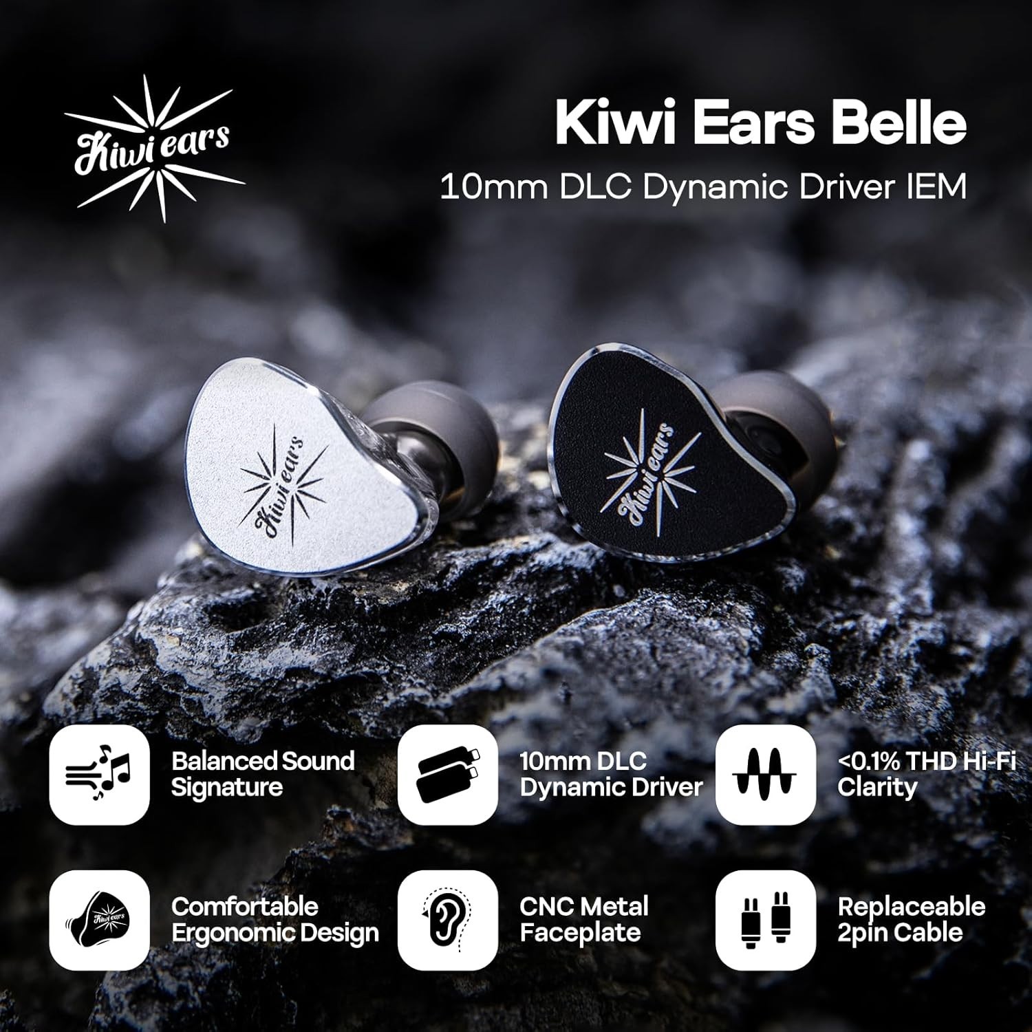Kiwi Ears Belle In-Ear Monitor 10mm DLC Dynamic Driver Silver with Mic