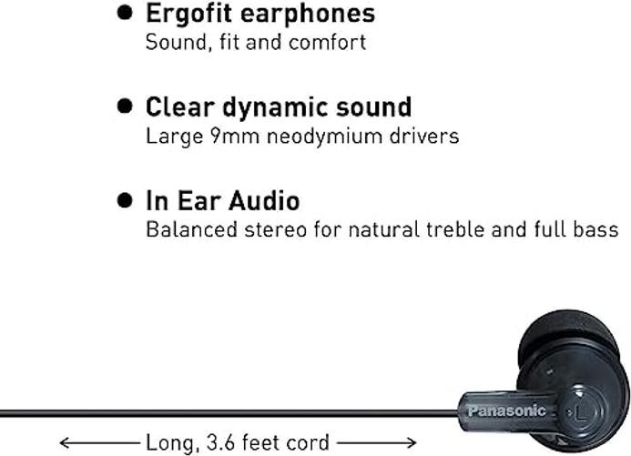 Panasonic ErgoFit Wired Earbuds, In-Ear Headphones with Dynamic Black No Mic