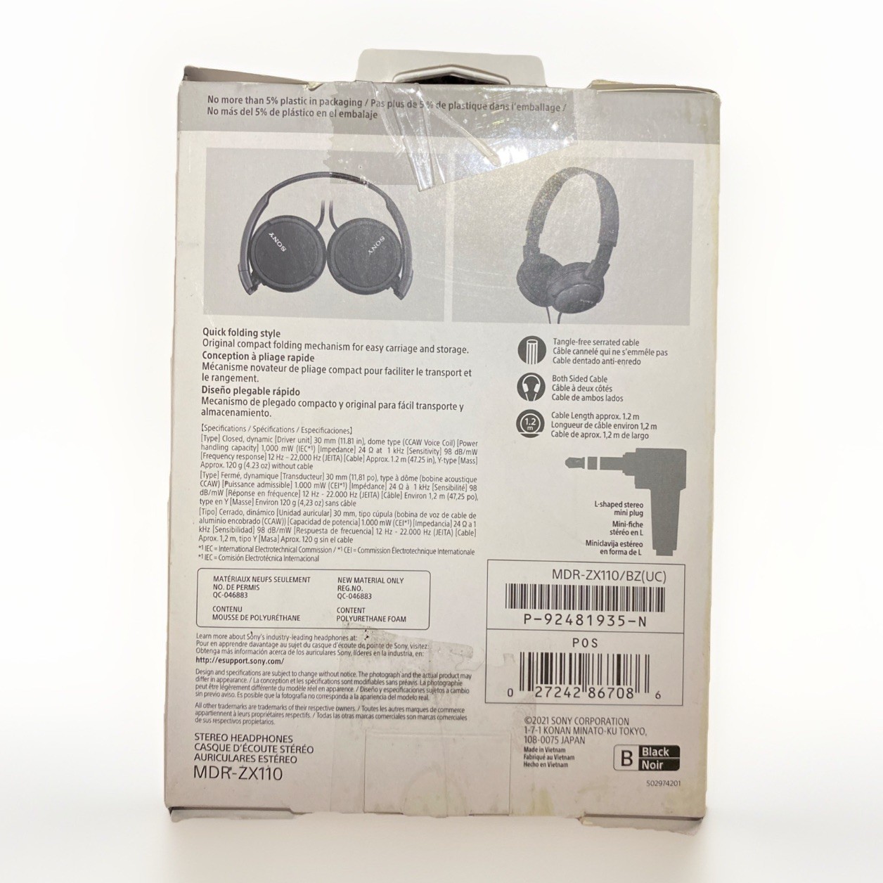 New Sony MDR‑ZX110 Wired On Ear Headphones Lightweight, Foldable, 30 mm Drivers