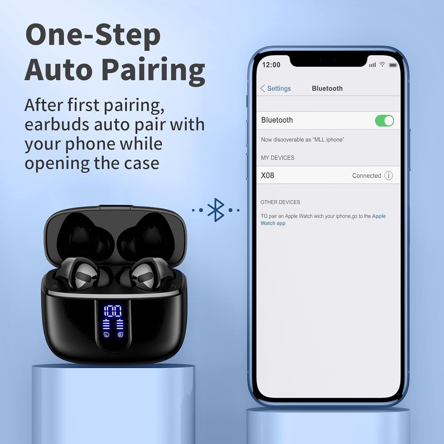 Bluetooth Earbuds – 60H Playback LED Display Earphones w/ Wireless Charging Case