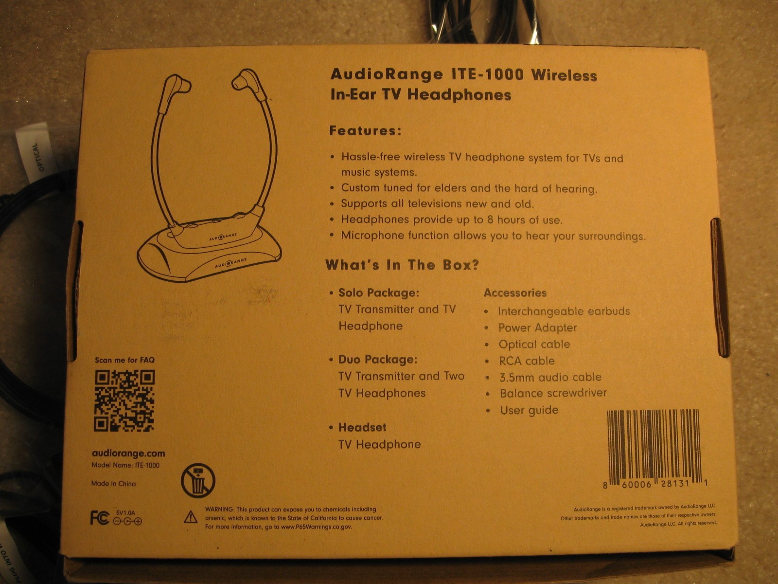 AudioRange Solo Pack ITE-1000 Wireless In-Ear TV Headphones 100 ft Range