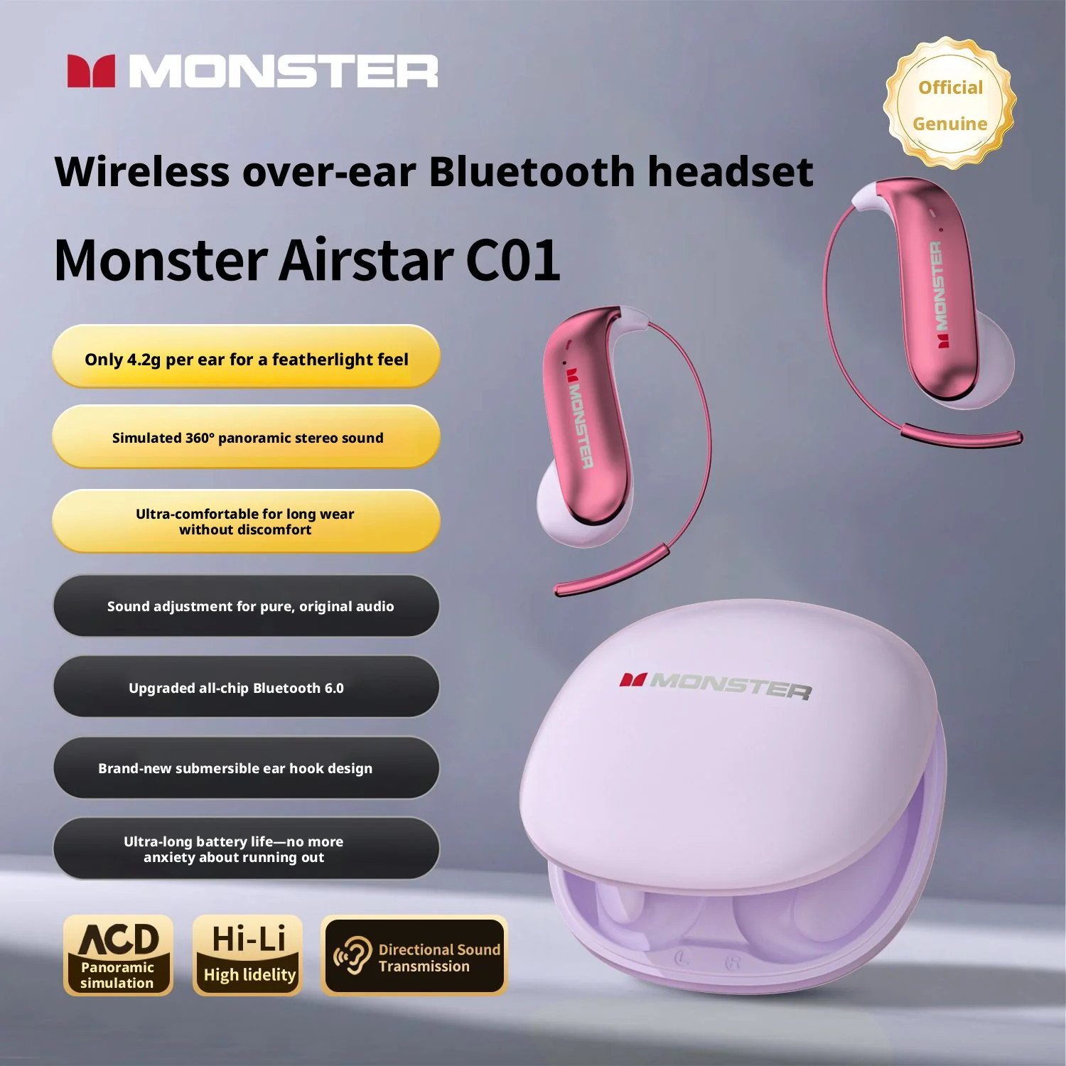 MONSTER C01 Zero Burden Bluetooth 6.0 Open Ear HD Call Dual Mic Ear Hook