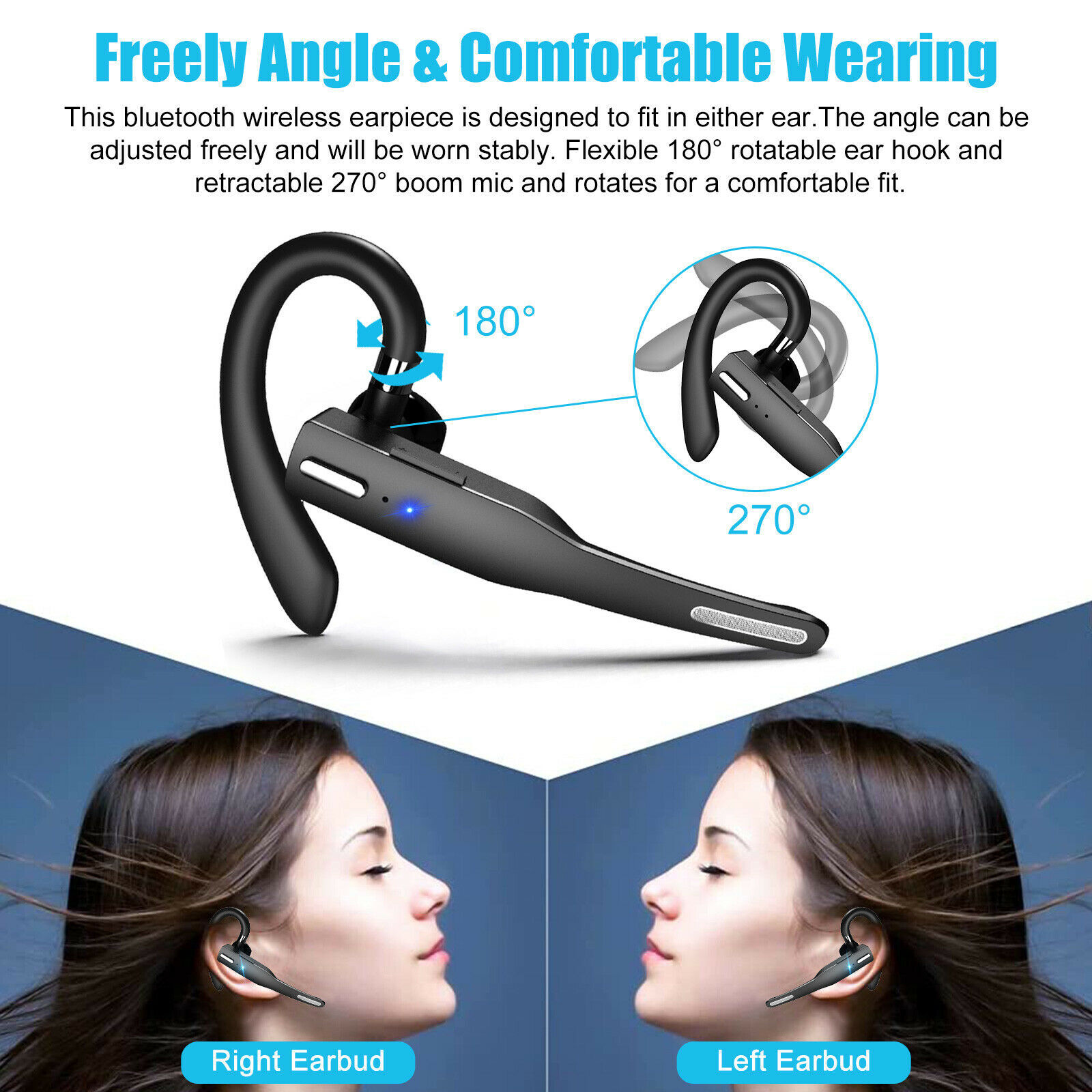Bluetooth 5.1 Wireless Headset Earpiece Mic Earbud Noise Cancelling Headphone US
