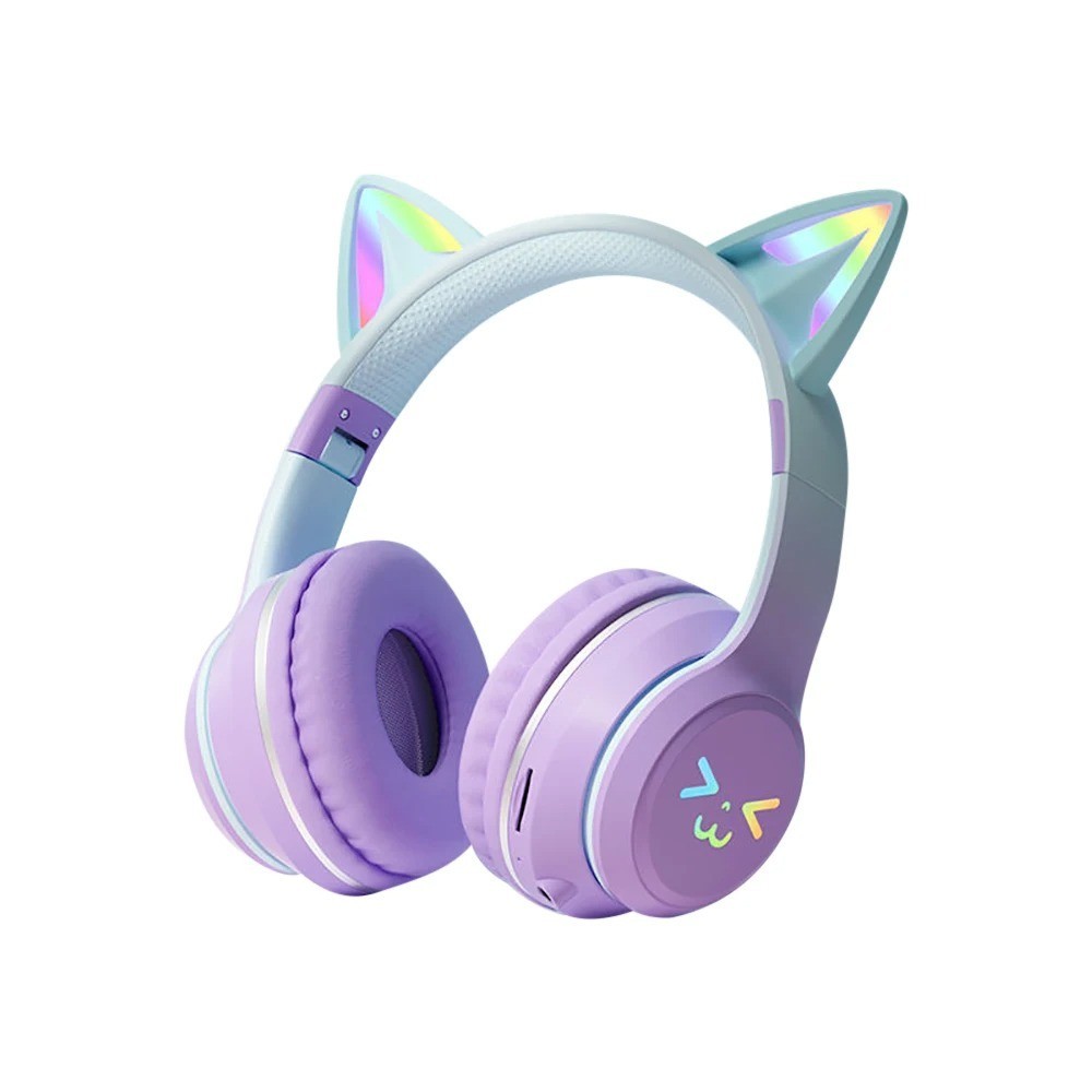 Kids Cat Ear Bluetooth Headphones Wireless LED Light Up Foldable Headset w/ Mic