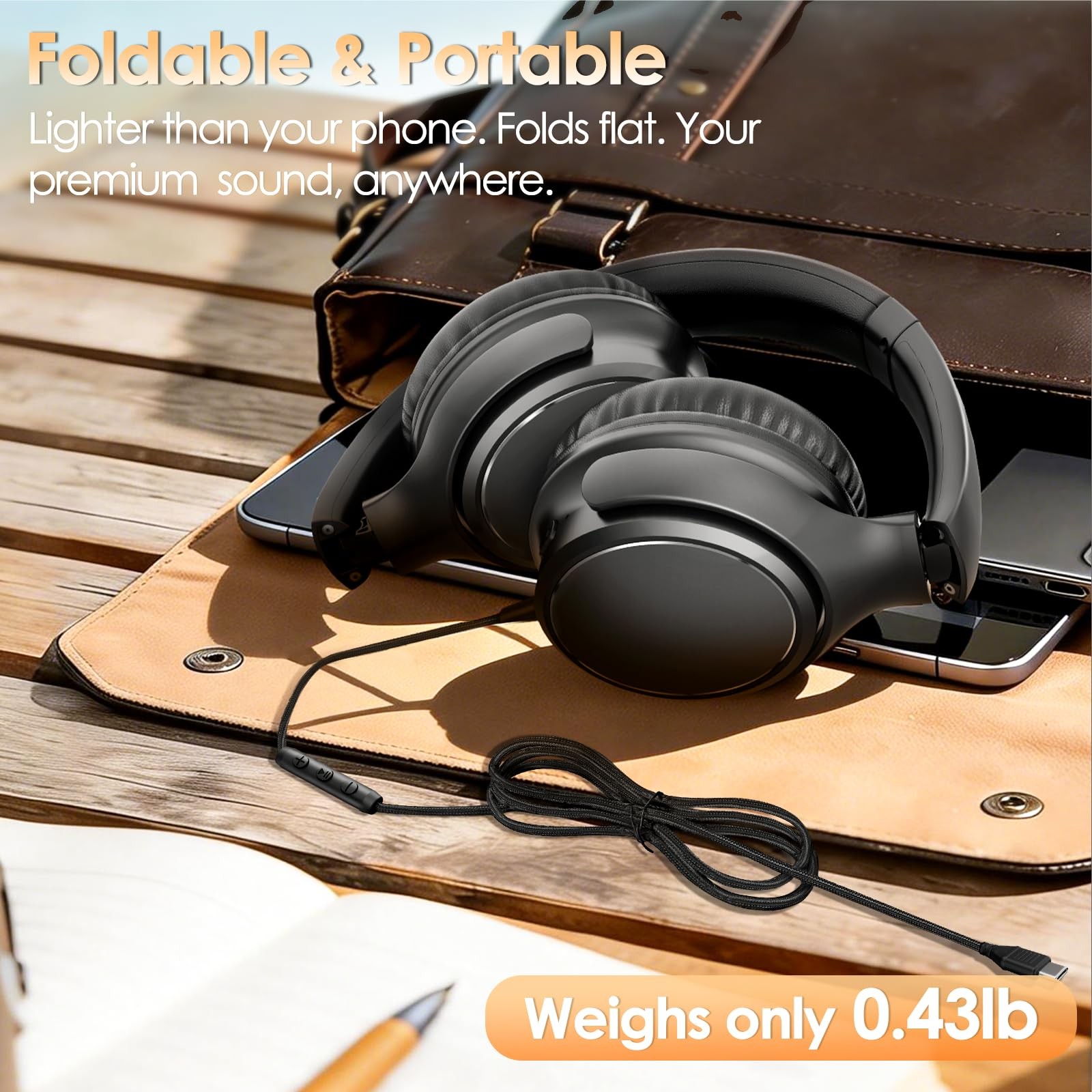 Wired Over Ear Headphones USB C Mic 3 EQ Modes 1.2m Cord HiFi Bass Foldable