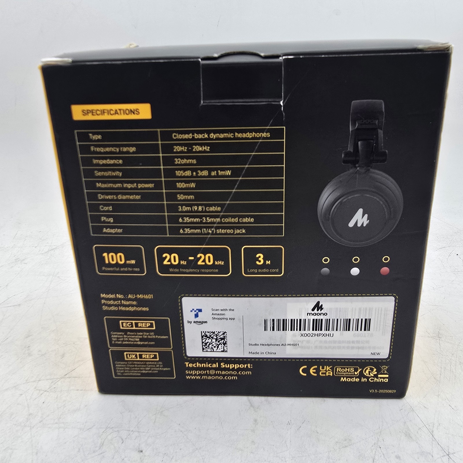 MAONO AU-MH601 50MM Drivers Over Ear Studio Headphones Black 10″ Corded