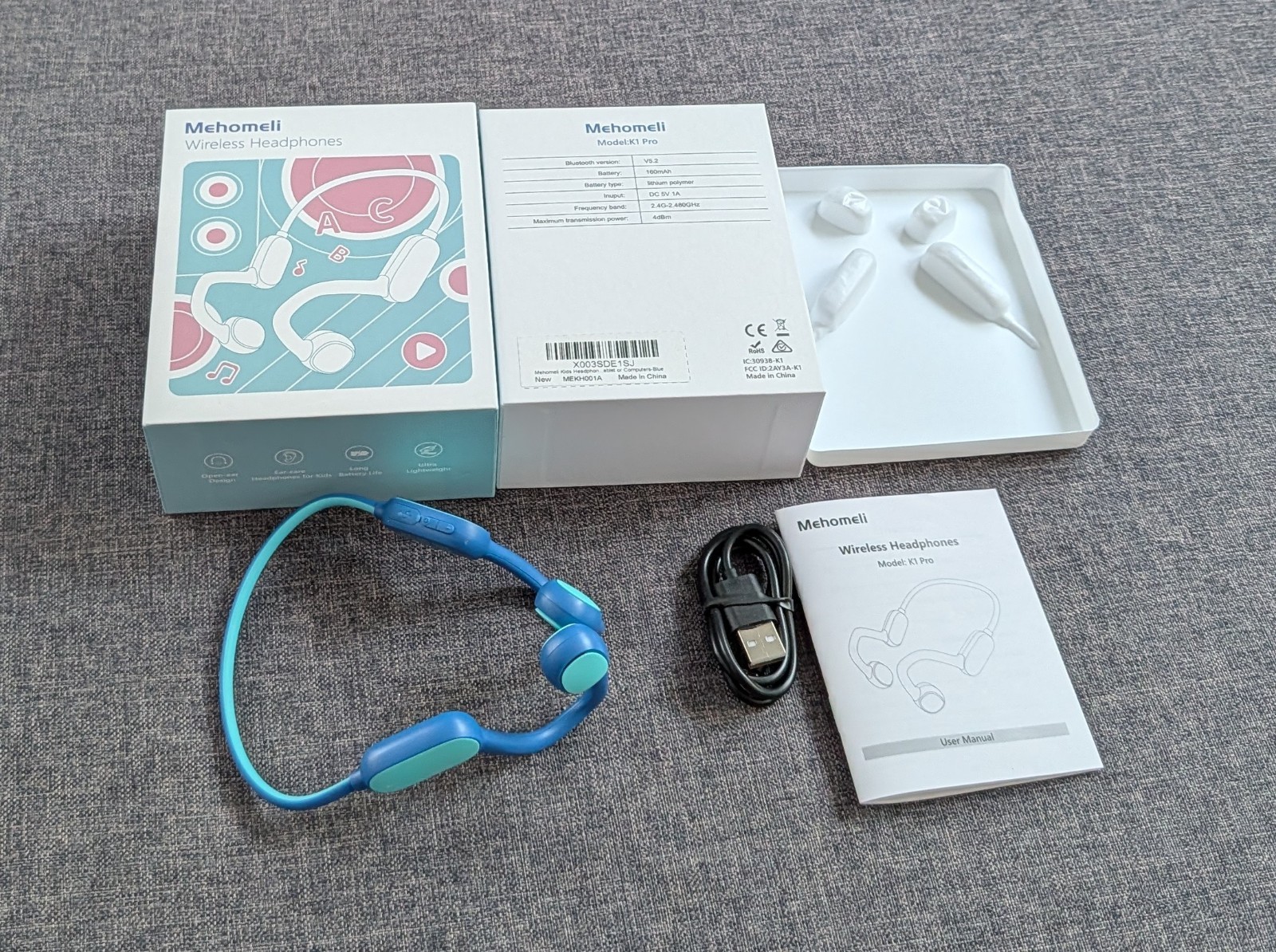 Mehomeli Kids Wireless Headphones Model K1 Pro Blue Open-Ear Bluetooth V5.2 LNXT