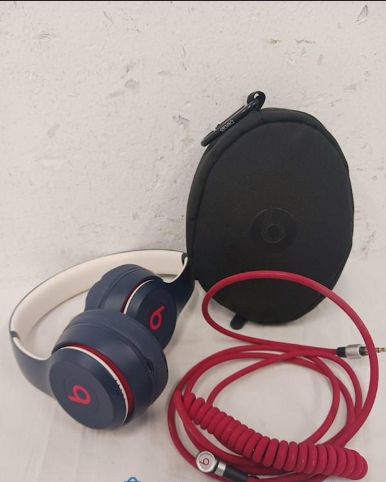 Beats Solo 3 Blue Red On-Ear Wireless Headphones With Wire, Charger, Case