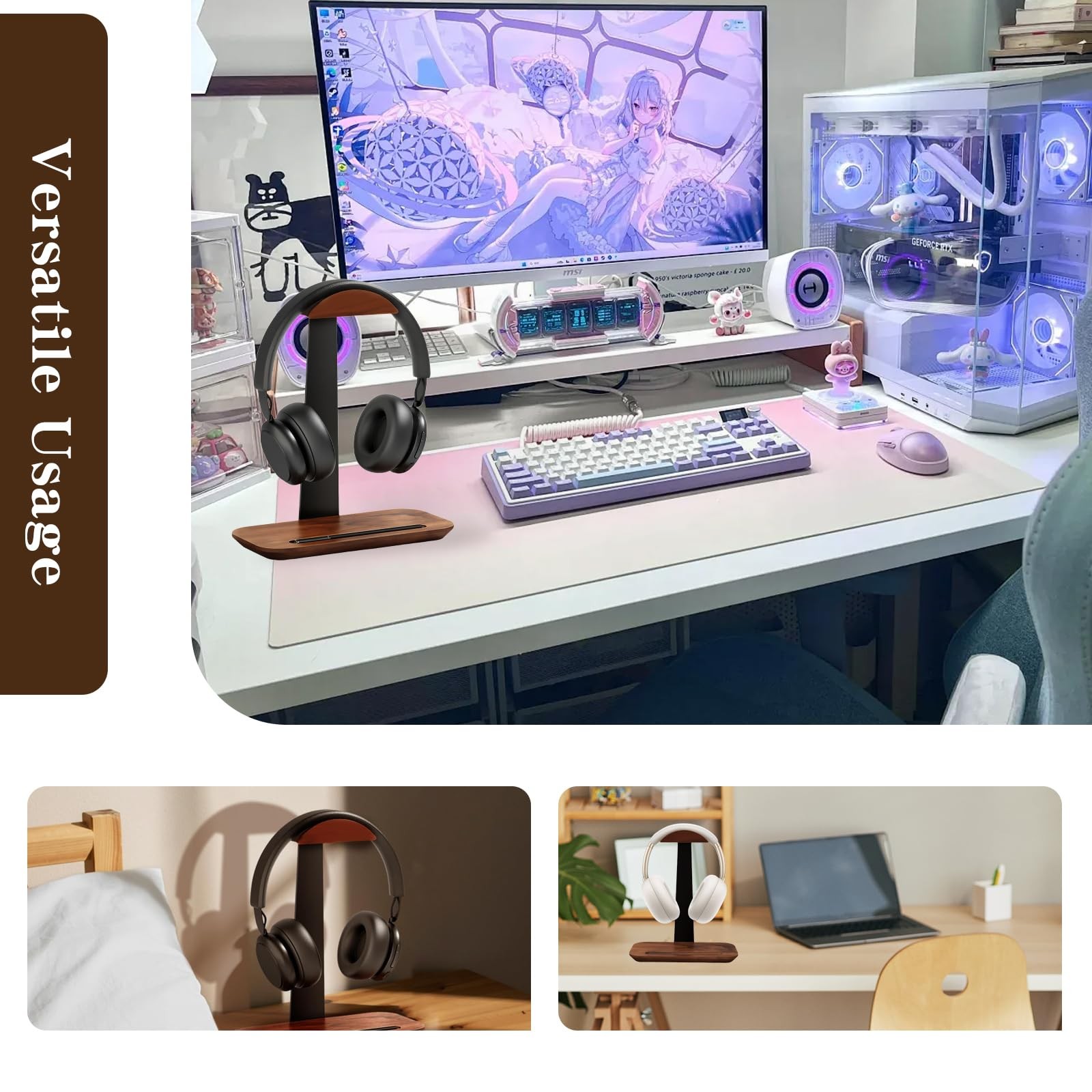 Walnut Wood Headphone Stand,Headphone Rack with Storage Base Plate,Headphones…
