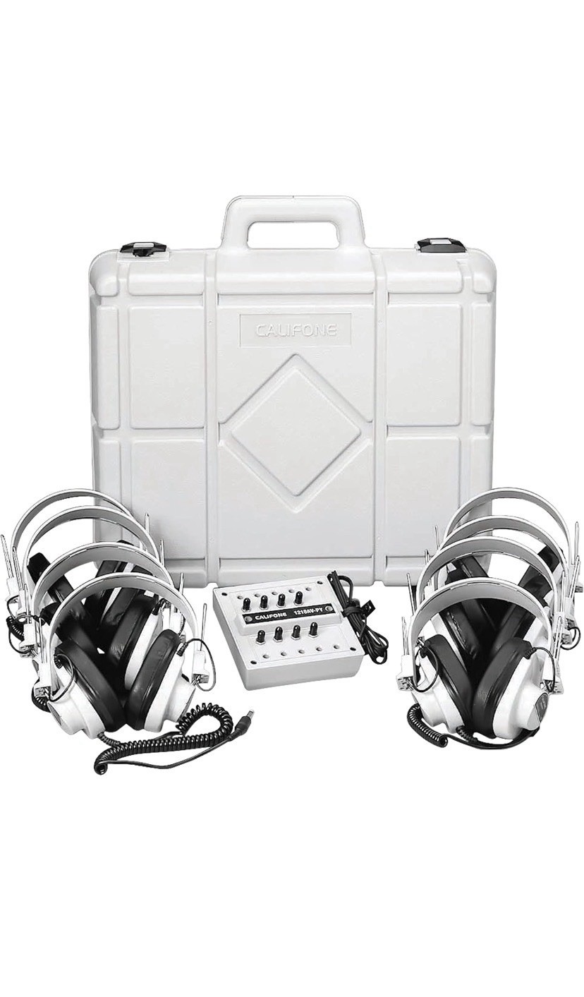 8x Califone 2924AV-P Headphones, 1x Listening Station 1218AV-PY & Case