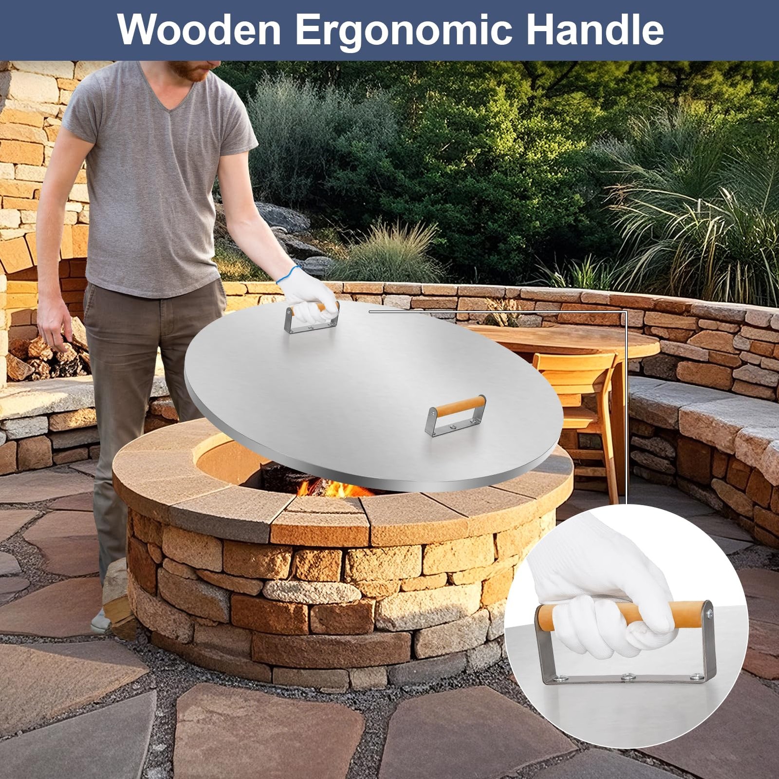 Fire Pit Lid Round 34″ – Stainless Steel Firepits Cover with Wooden Handles f…