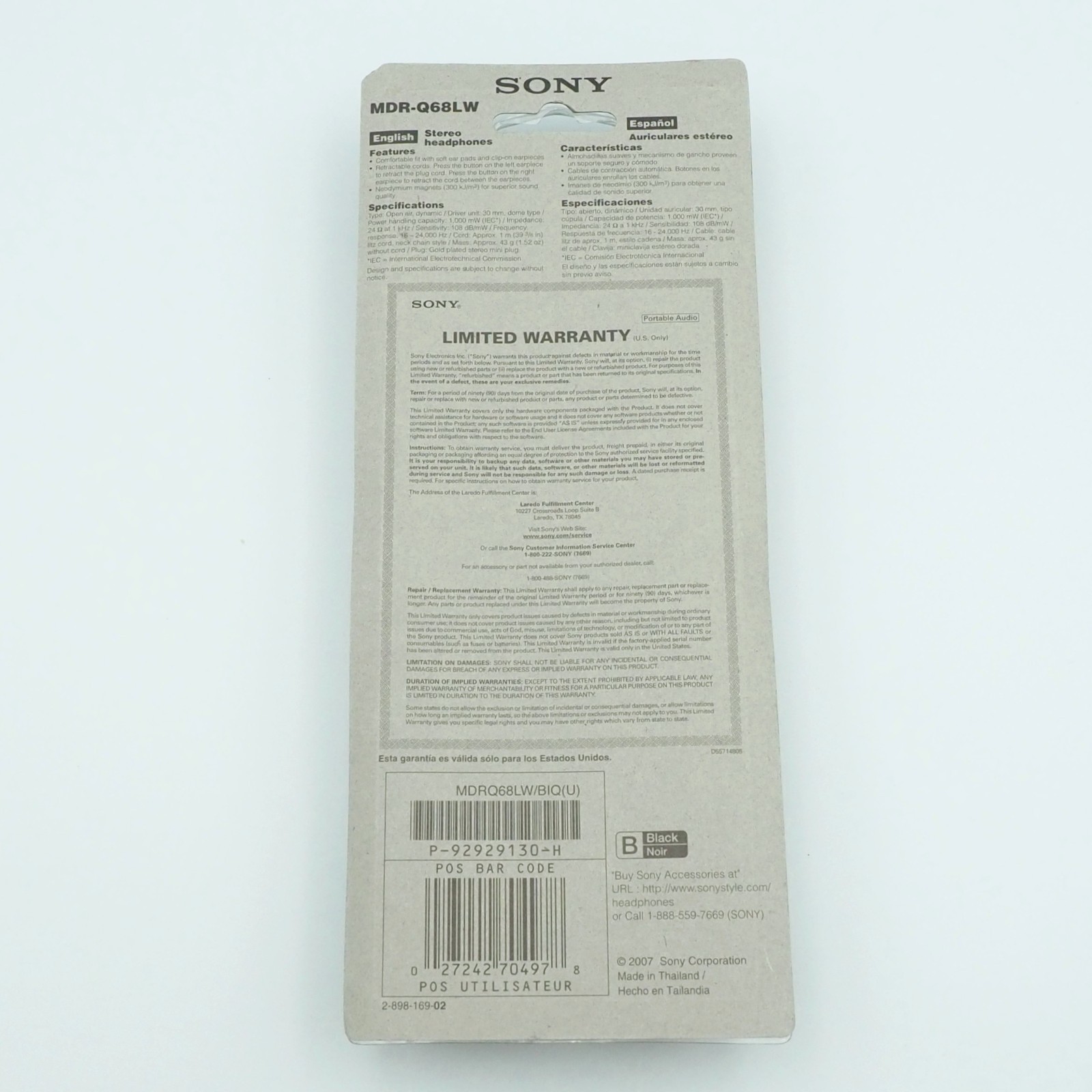 Sony Wired Stereo Headphones Over Ear Hook MDR-Q68LW Retractable Cord New