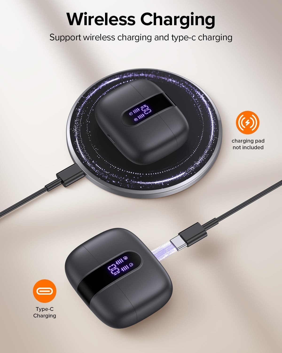 TAGRY Bluetooth Headphones True Wireless Earbuds 60H Playback LED Power Display