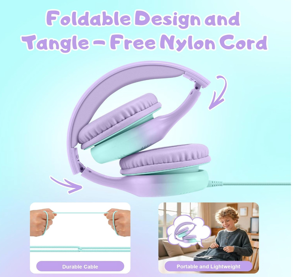 Kids USB-C Wired Over-the-Ear Headphones with Microphone, Volume Control/Limit