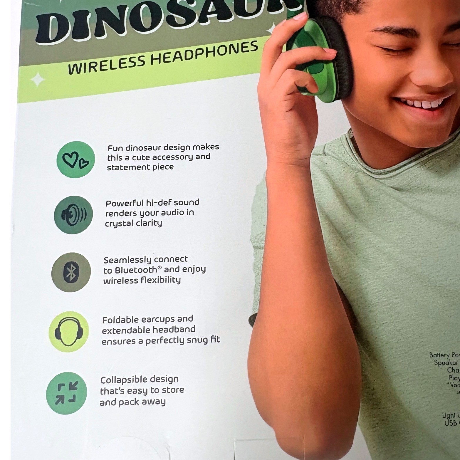 Art+Sound LED Light Up Dinosaur Wireless Headphones Green Bluetooth ASWH15DS-TGT