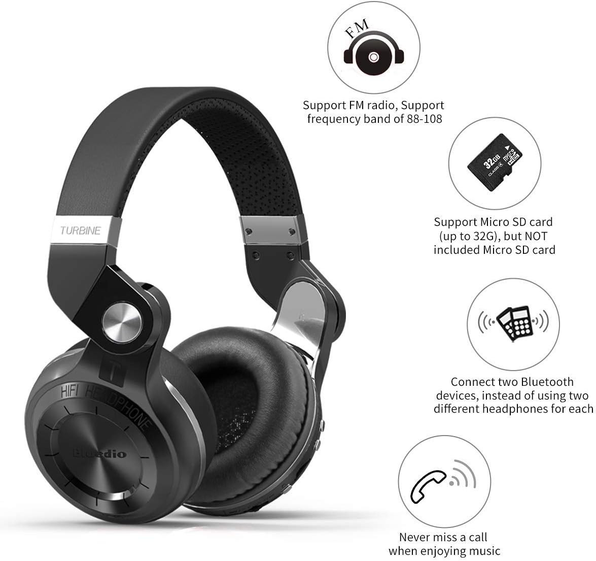 T2 plus Turbine Wireless Bluetooth Headphones with Mic/Micro SD Card
