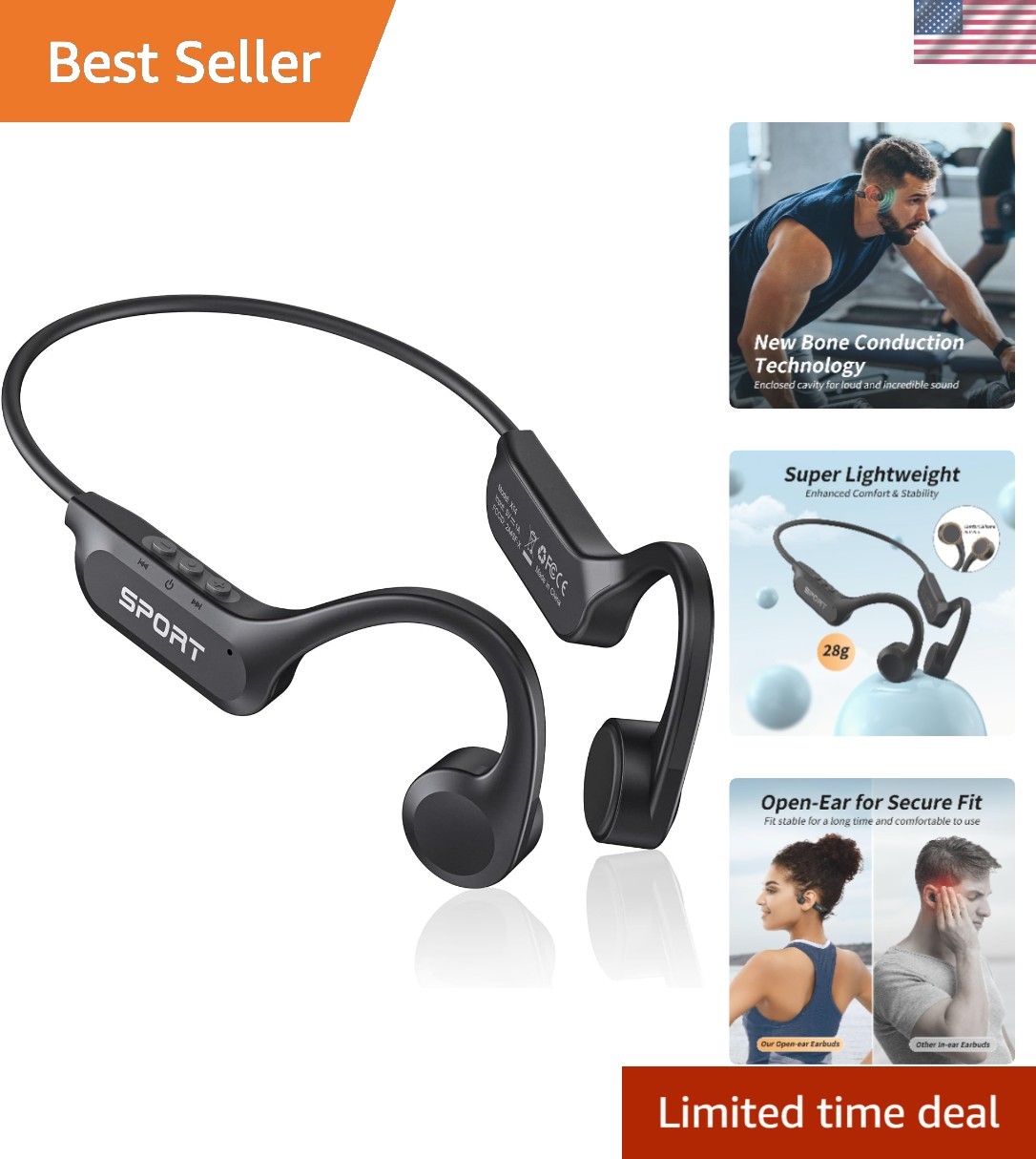 Bluetooth 6.0 Bone Conduction Headphones, 10 Hours Playtime, Perfect for Running
