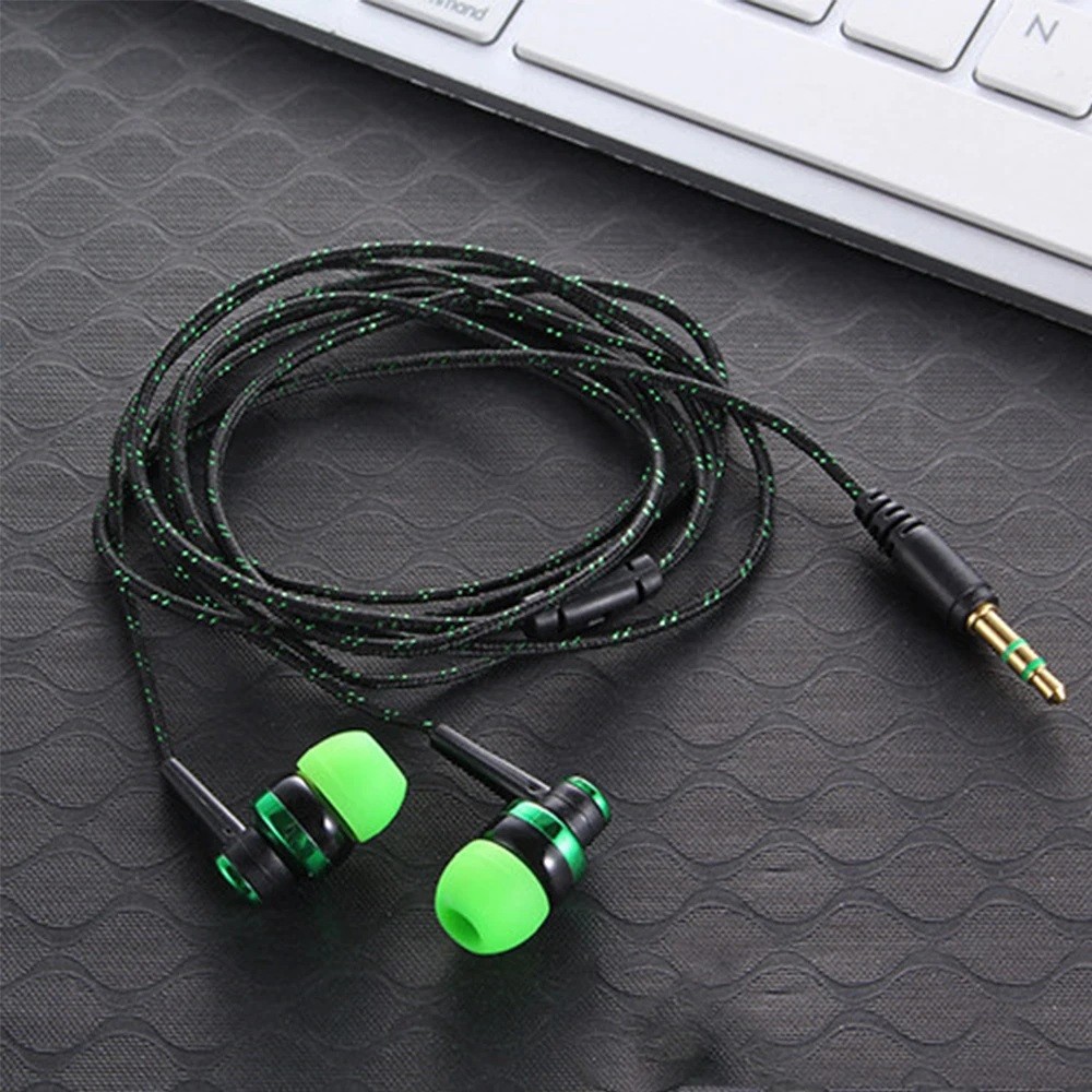 Green In-Ear Earbuds Stereo Braided Cable Cord Quality Sound Bass Music/Headset