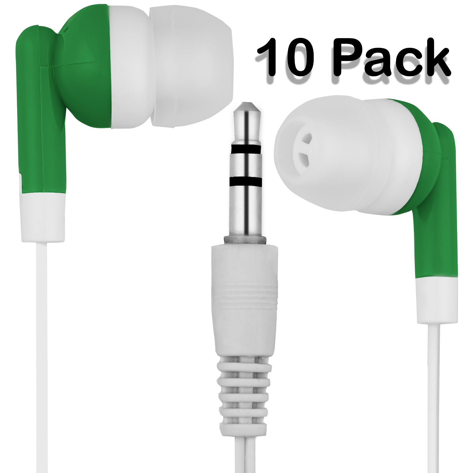 Pack of 10 Green/White 3.5mm Headphones / Earbuds – Individually Bagged