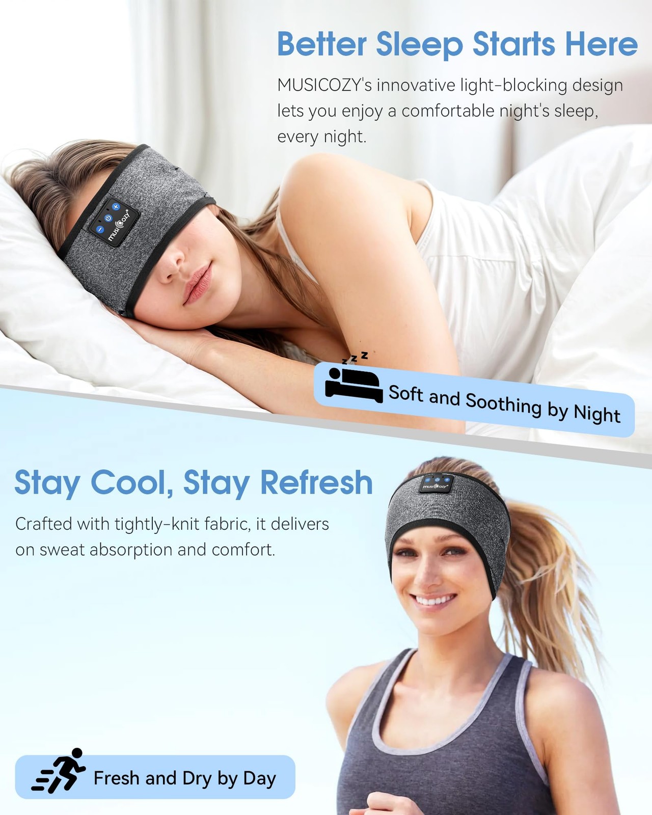 MUSICOZY Bluetooth 5.4 Sleep Headphones Sports Headband One Size, Star Grey