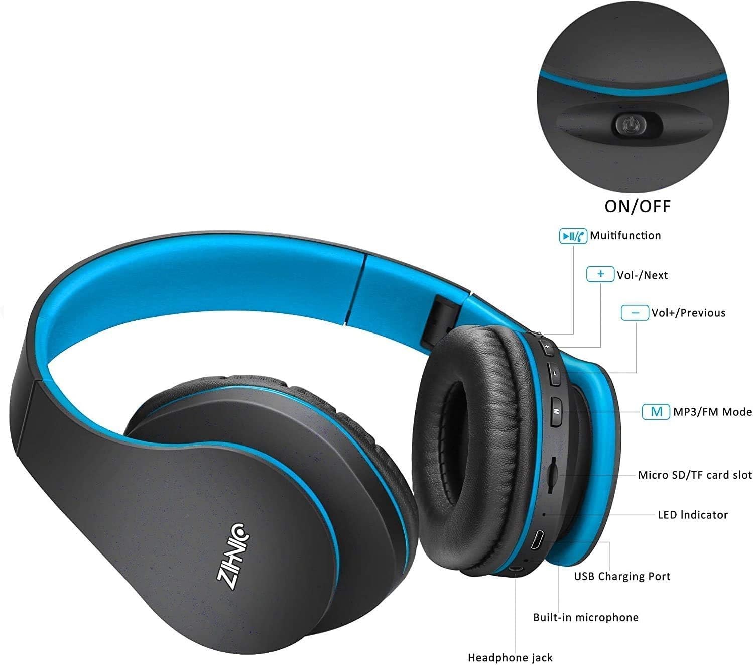 Bluetooth Headphones Over-Ear, Black/Blue