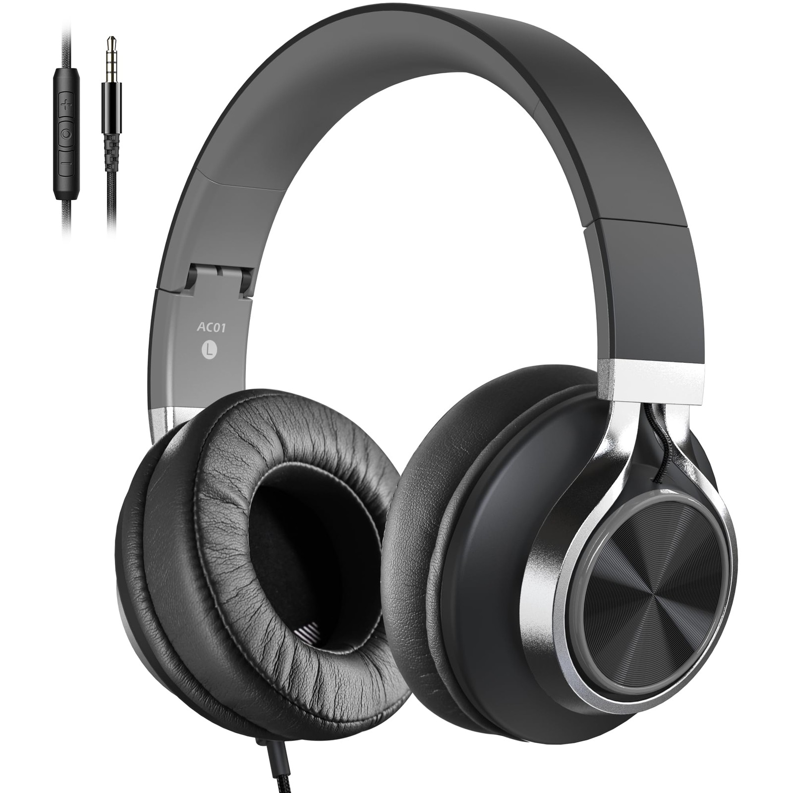 AC01 Headphones Wired Over Ear with Mic Volume Control, Black Grey