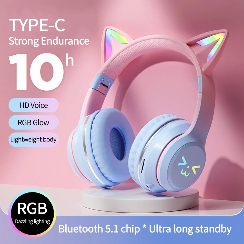Kids Cat Ear Bluetooth Headphones Wireless LED Light Up Foldable Headset w/ Mic