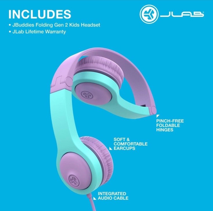 JBuddies Folding Gen 2 Kids Headphones Wired (Purple/Teal) New