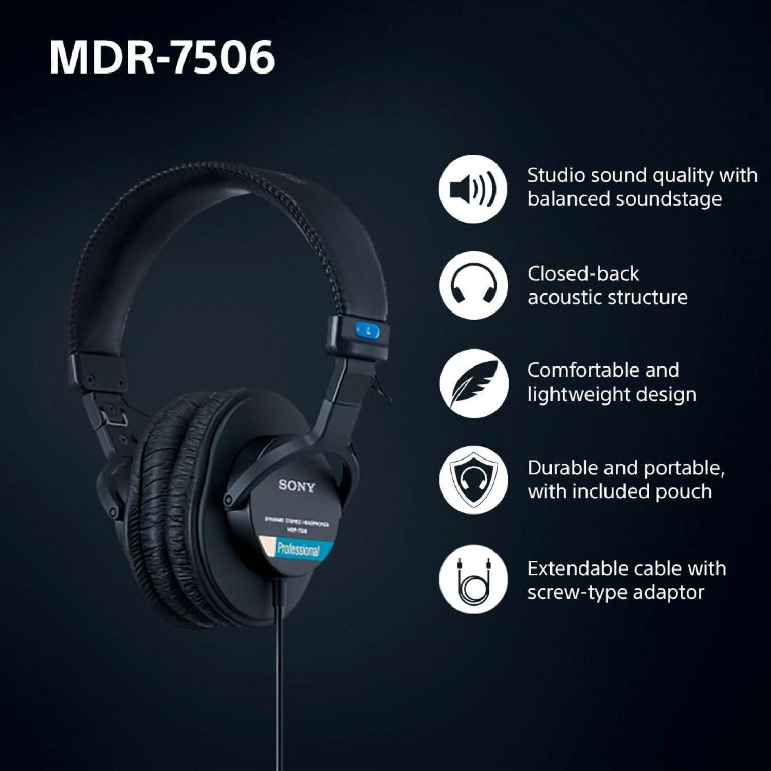 Sony MDR-7506 Studio Monitoring Wired Closed-Back Over-Ear Headphones Black